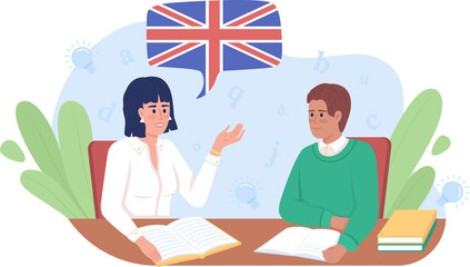 Poster - English class 2D raster isolated illustration. English teacher and student flat characters on cartoon background. Private tutoring colourful scene for mobile, website, presentation