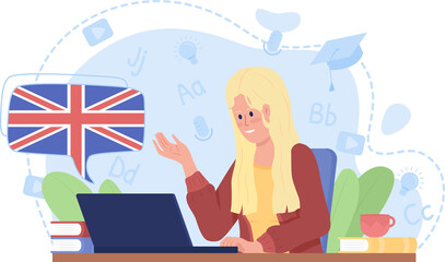 Poster - Online english speaking course 2D raster isolated illustration. Girl participates in video class flat character on cartoon background. Colourful scene for mobile, website