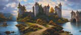 Artistic illustration of a fantasy castle on the beautiful landscape.