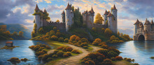 Artistic Illustration Of A Fantasy Castle On The Beautiful Landscape.