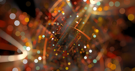 Poster - Bokeh blue interspersed with bright gold lights. Fractal abstract background.