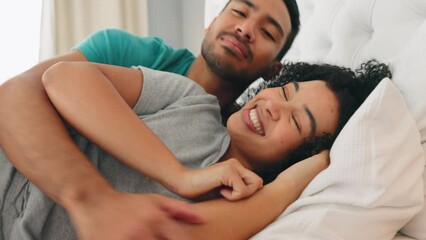 Poster - Couple, talking and happy cuddle in the bed to relax and rest while at home to sleep. Bedroom, man and woman or happy couple snuggling with romance in a loving, caring cosy relationship