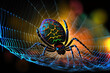 © Katynn - Spider in the center of its web on a colorful blurred background. Digital artwork