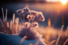 Beautiful gentle winter landscape, frozen grass on snowy natural background.  Winter background with flowers covered snow crystals glittering in sunlight. Defocused winter landscape. Digital art