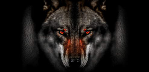 Front view of Wolf isolated on black background. Black and white portrait of wolf. Predator series. digital art