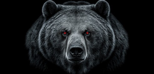 front view of brown bear isolated on black background. black and white portrait of kamchatka bear. p