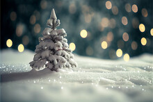 Wonderful Lonely Spruce Tree Covered By Snow With Blurred Bokeh Background. Created With Generative AI Technology
