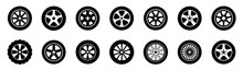 Black Rubber Wheel Tire Set. Wheel Tires. Car Tire Tread Tracks, Motorcycle Racing Wheels And Dirty Tires Track. Tyres Road Maintenance Vector Automobile. Auto Wheel Tyre. Vector Illustration