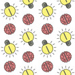 © Dina - Seamless pattern with stylized electric bulbs and brains. Symbol of mental development, intellect, logical thinking and generating ideas. Illustration for printing on textiles, packaging.