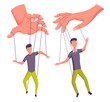 Puppeteer hands controlling puppets, manipulator concept. Worker being controlled by puppet master. Manipulates peopl like a puppets. Employer domination exploitation or authority manipulator