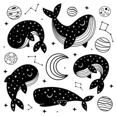 Wall Mural - set of isolated black celestial whales