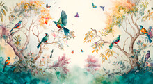 Watercolor Painting Digital Art High Quality, Of A Forest Landscape With Birds, Butterflies And Trees, In  Colors  Consistent Style-2