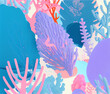 Abstract composition of various colorful plants, corals and shapes.