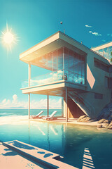 illustration of summer houses at the ocean or sea with dramatic sky at sunset.ai generated content