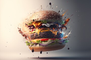 Wall Mural - exploding spicy burger sandwich fictitious generative AI artwork that doesn't exist in real life.
