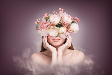 Collage abstract poster of dream lady having nature blooming flowers on hair fresh smell conditioner ingredient concept