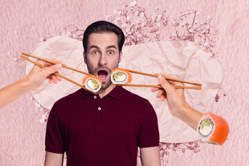 Sticker - Collage photo of young excited open mouth guy student want eat new brand chopsticks hold sushi philadelphia isolated on sakura pink background