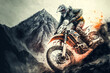© LukaszDesign - A muscular man in protective gear speeds across the mountains on his dirt bike. Generative AI