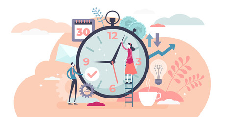 Wall Mural - Time management concept, flat tiny persons, transparent background illustration. Married couple planning daily life tasks and schedule for the fallowing days. Work and private life balance success.