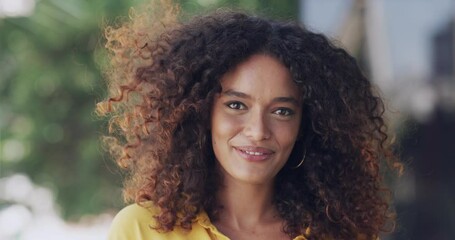 Poster - Face portrait, smile and business woman in city happy for motivation, success and work in the morning. Leader, employee and confident female entrepreneur from Brazil with vision for future goals.
