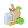 3d Bag of Healthy Food Concept Plasticine Cartoon Style Include of Bread, Milk and Vegetables. Vector illustration
