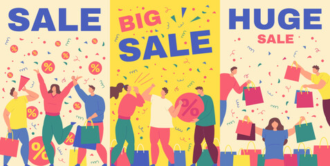 Poster - Cartoon Color Big Sale Shopping Concept Poster Card Set with Characters People Flat Design Style. Vector illustration