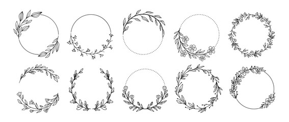 Wall Mural - Wreath Signs Frames with Flowers, Branch or Leaves Black Thin Line Set. Vector illustration of Circle Frame