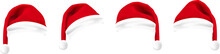 Set Of Realistic Santa Hats On Transparent Background. New Year's Hats. The Symbol Of The Holiday, New Year, Christmas. Vector Set Of Christmas Hats For Your Design. PNG Image