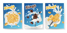 Breakfast Cereal Realistic Poster Set With Rings Isolated. Concept Of Healthy Breakfast. 3d Ring Cereals Or Cheerios Ad Template.