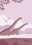 Fototapeta Dinusie - Big sauropods. Herbivorous dinosaur of the Jurassic period. Prehistoric pangolin. Science paleontology. Wild landscape. Vector cartoon illustration