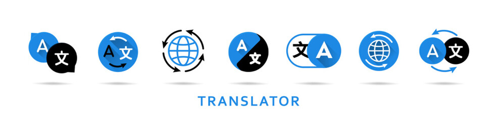 Poster - A set of icons for the translator application. Chat circles with language translation icons in different styles. Multilingual online translator. Translation app icon. Language communication