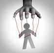 Manipulator concept and puppet master symbol as a person on strings controlled or manipulates and is gaslighting for exploitation or domination as psychological abuse
