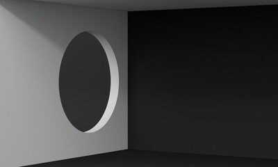 Poster - Black room with round white window. 3d rendering