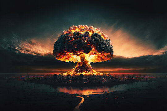 scary big nuclear explosion with a mushroom cloud and fire in the dark. atomic weapons and the apoca