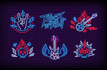 Wall Mural - Neon Rock'n'Roll vintage sign set. Rock Neon lamp light singboard. Electro Punk Rock Glowing signboard. Punk symbols with Glowing Neon Lights 