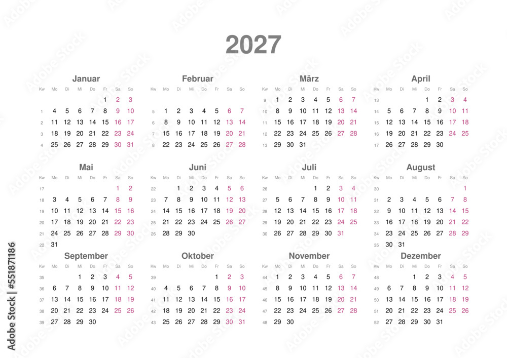 Kalender 2027 mit Wochenzählung, deutsch, Querformat Stock Vector