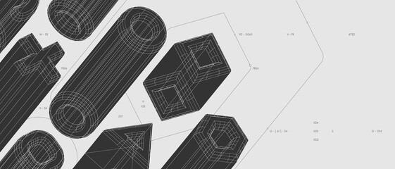 Poster - Strange abstract modern wireframes 3d geometric shapes, graphic composition design vector background, various volumetric figures in isometry, anti-design inspired by brutalism, banner 21-9 format