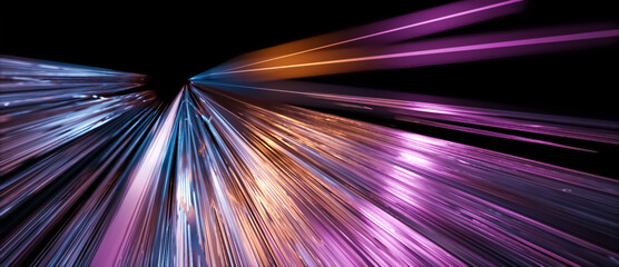 Wall Mural - Abstract 3D illustration of glowing purple bright neon light streaks in motion. Visualization of data transfer, rapid movement or cyberspace on black background