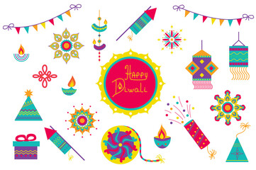 Wall Mural - Diwali festival isolated elements set in flat design. Bundle of candles, garlands, fireworks, festive lanterns, oil lamps, crackers, mandalas, indian holiday ornaments and other. Illustration.