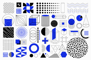 Leinwandbilder - Geometric shapes isolated elements set in flat design. Bundle of different lines, squares, dots, cylinder, circle, rhombus, cubes, sphere, patterns, cross, triangles and other. Illustration.