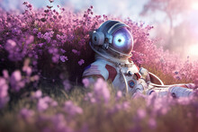 Astronaut Is Resting On An Alien Planet Lying Among Pink Flowers