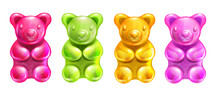 Jelly Gummy Bear Vector Set, Colored Cartoon Kids Candy, Cute Cherry Baby Gum Kit, Fruit Dessert. Edible Animal Confectionery, Funny Children Sweets, Orange Taste. Colorful Jelly Bear Collection