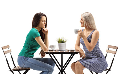 Wall Mural - Female friends drinking coffee and sitting at a cafe table