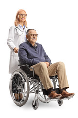 Female doctor standing behind a wheelchair with a mature male patient