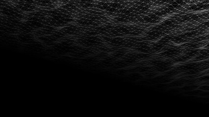 Poster - Wave of digital particles on a black background. Abstract interlacing lines and points. Digital connection of elements. Simulation of the movement of small particles. 3D rendering.