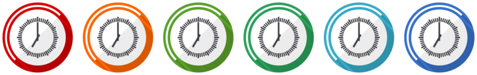 Fototapete - Time, clock, watch icon set, flat design vector illustration in 6 colors options for webdesign and mobile applications
