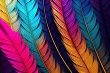  A Close Up Of A Multi Colored Feather Pattern With A Black Background And A Yellow Line On The Bottom Of The Feathers.