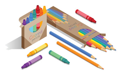 set of crayons and pencils outside their boxes. vector