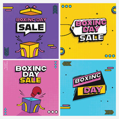 Poster - Boxing Day Sale Post Or Template Design With Open Gift Box, Spring Glove Against Halftone Background In Four Color Options.