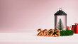 3D Render Of Bronze Foil 2023 Number With Xmas Tree Inside Lantern, Gift Boxes And Green Tinsel On Pastel Pink Background.
